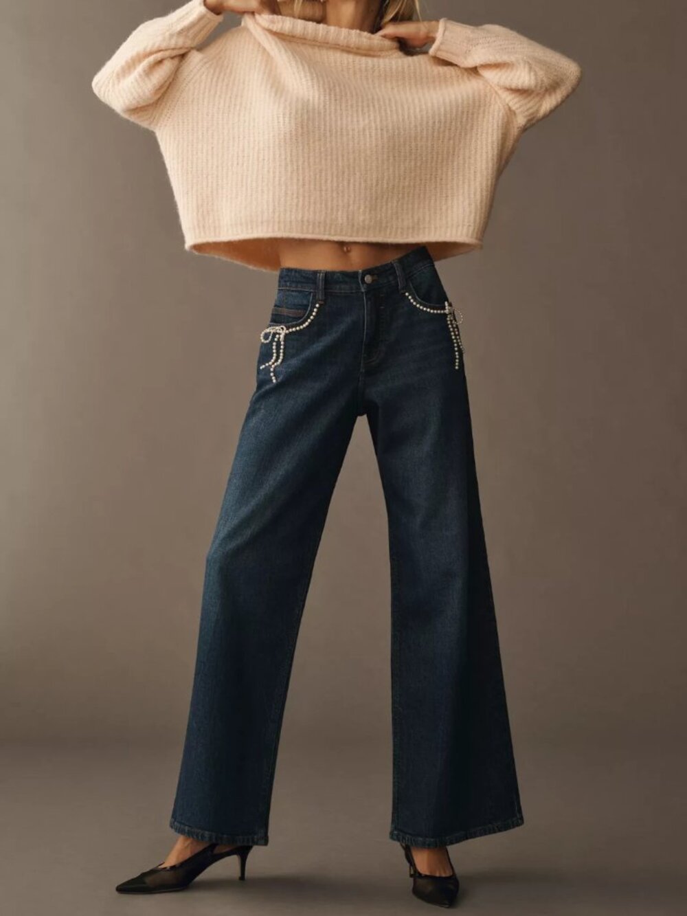 ANTHROPOLOGIE Pilcro Pearl-Embellished Low-Rise Wide-Leg Jeans 28 blue new
